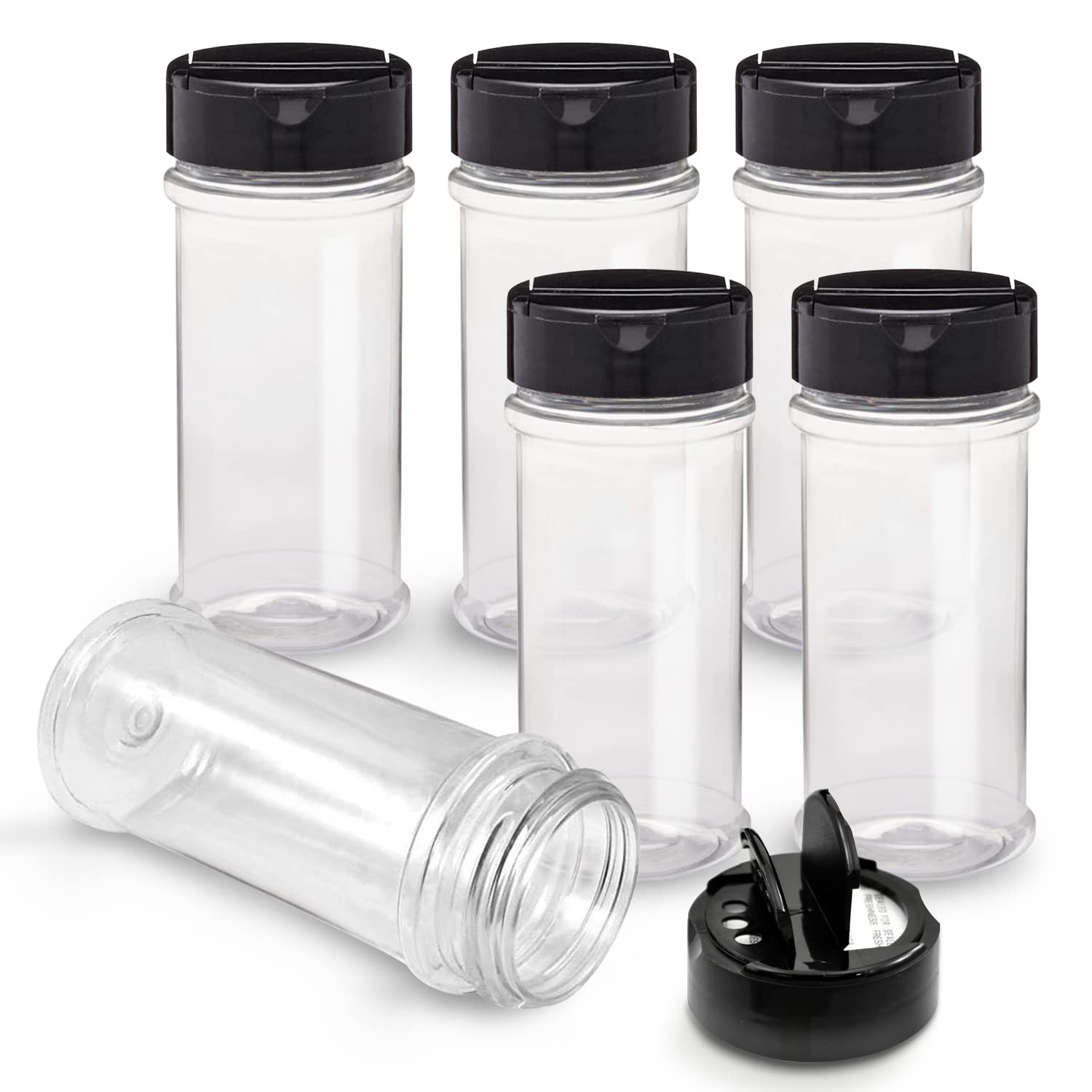 6 Pack 5.5 Oz Plastic Spice Jars with Black Cap, Clear and Safe Plastic Bottl…