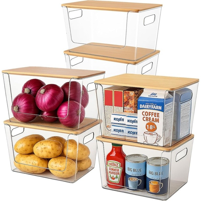 Stackable Pantry Organizers Clear Acrylic Bins W/ Bamboo Lid Kitchen Storage New