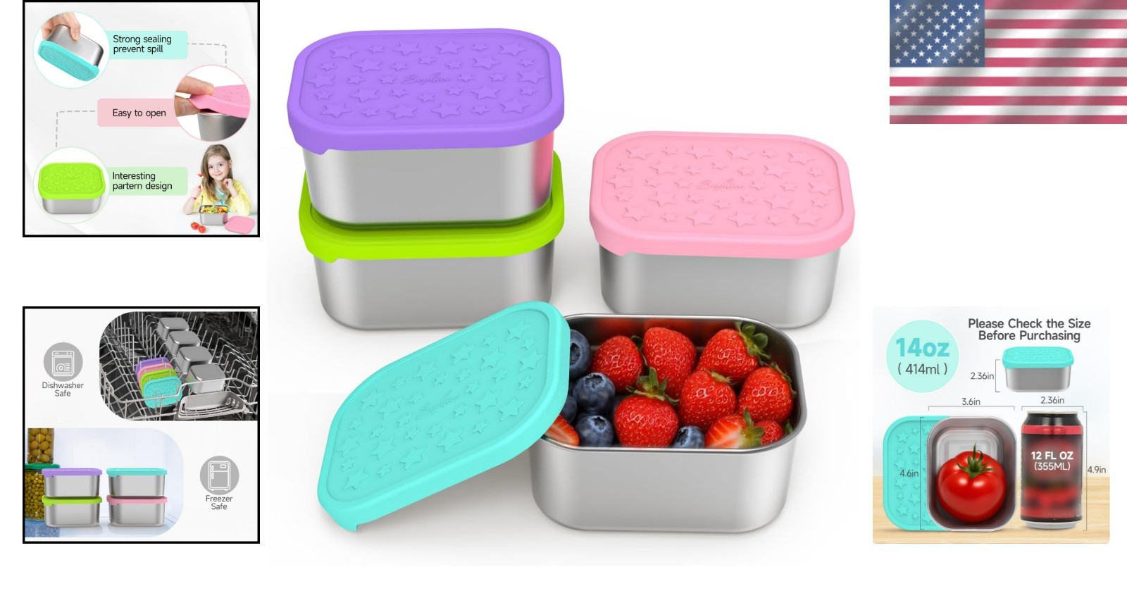 Stainless Steel Snack Containers for Kids 14oz 4 Pack Food Storage Airtight