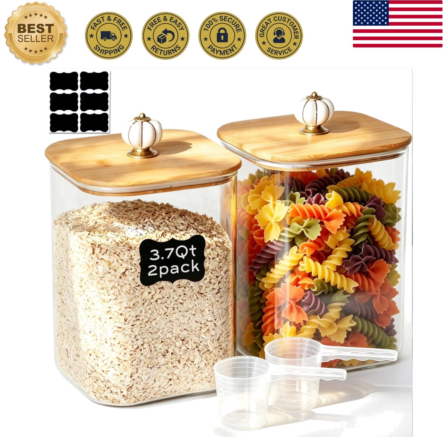 2 Pack 3.7 Qt Large（120oz）Glass Food Storage Containers with Lids,Square Glas…