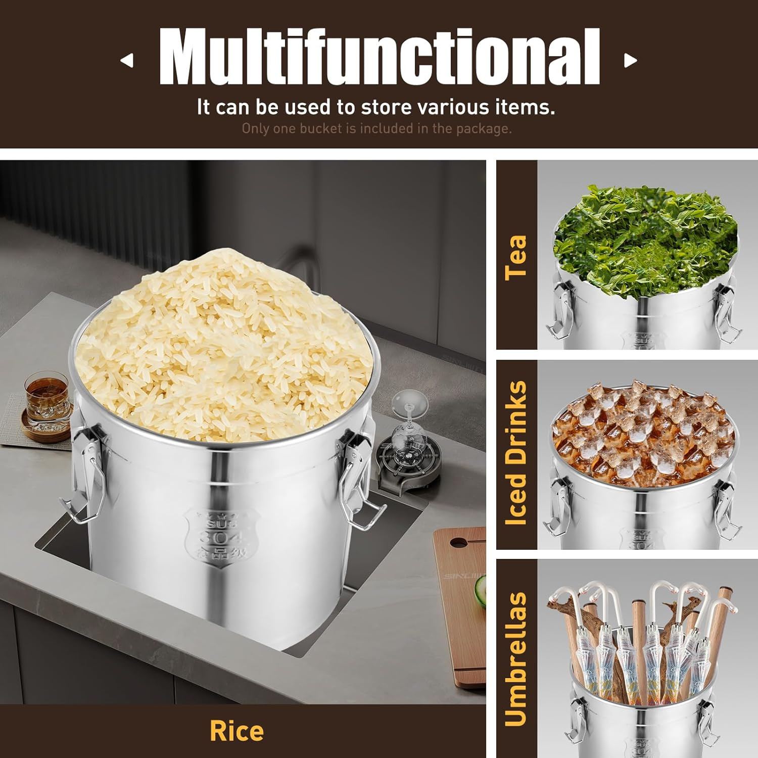8.7Gal 304 Stainless Steel Airtight Canister for Kitchen, 28-60Lbs Rice Cereal G