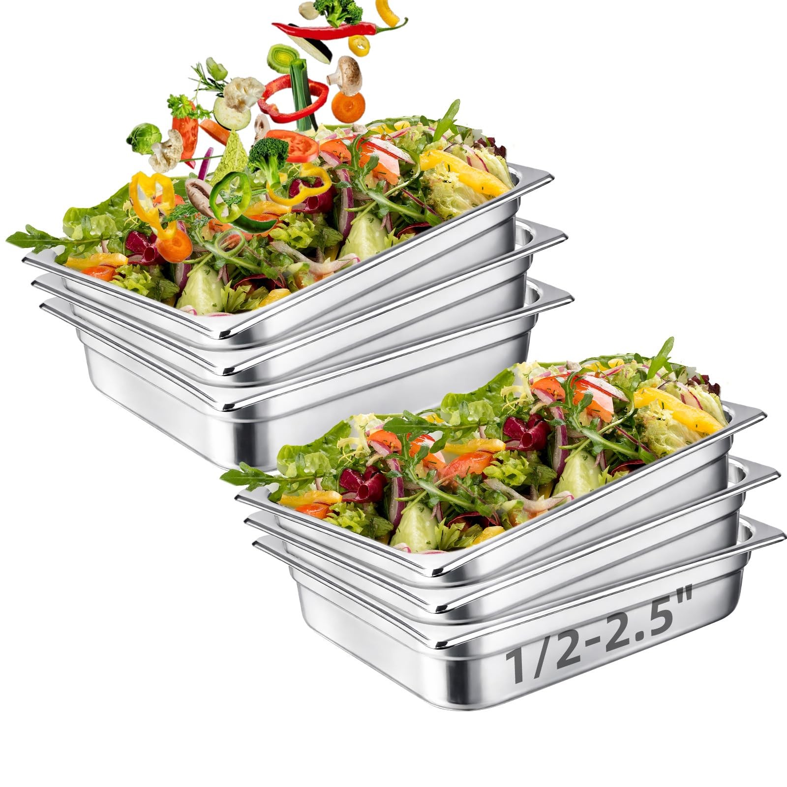 6 Pack 1/2 Size Steam Table Pan Set,2.5″ Deep Hotel Pans, Half Size Anti Jam …