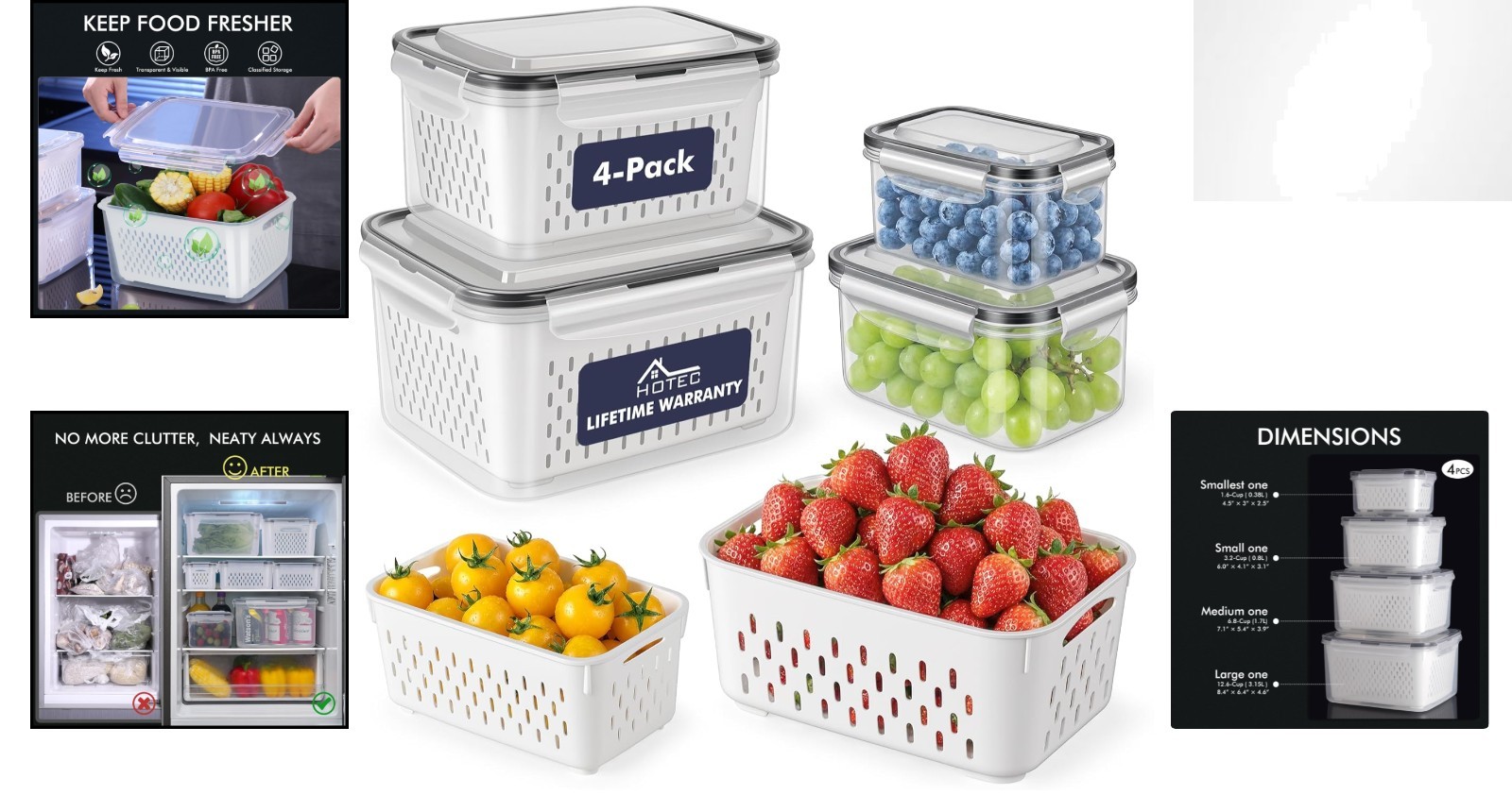 4-Pack BPA Free Large Fruit Storage Containers with Colander – 3.15L Leak-Proof
