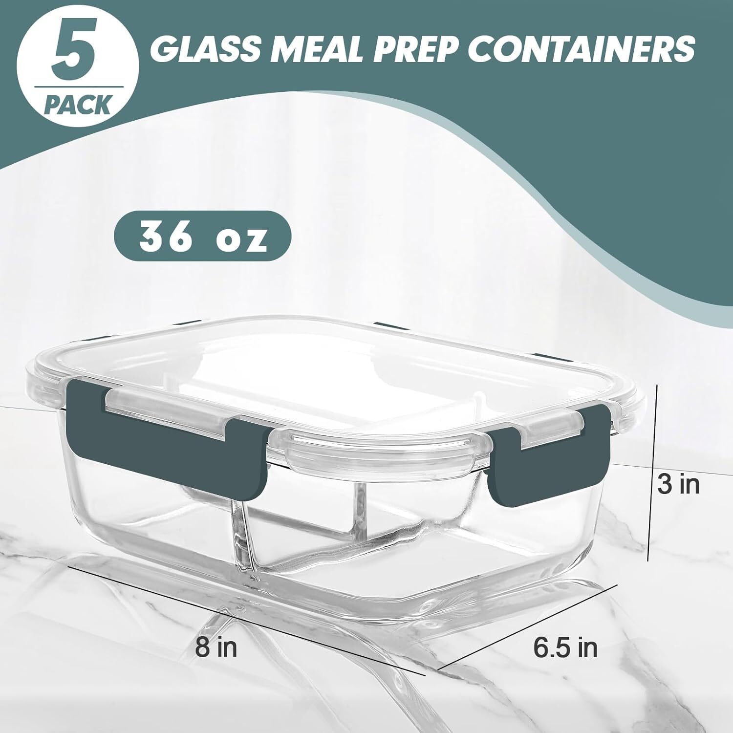 Glass Containers 3 Compartments 5 Pack 36 oz with Lids Freezer & Microwave Safe