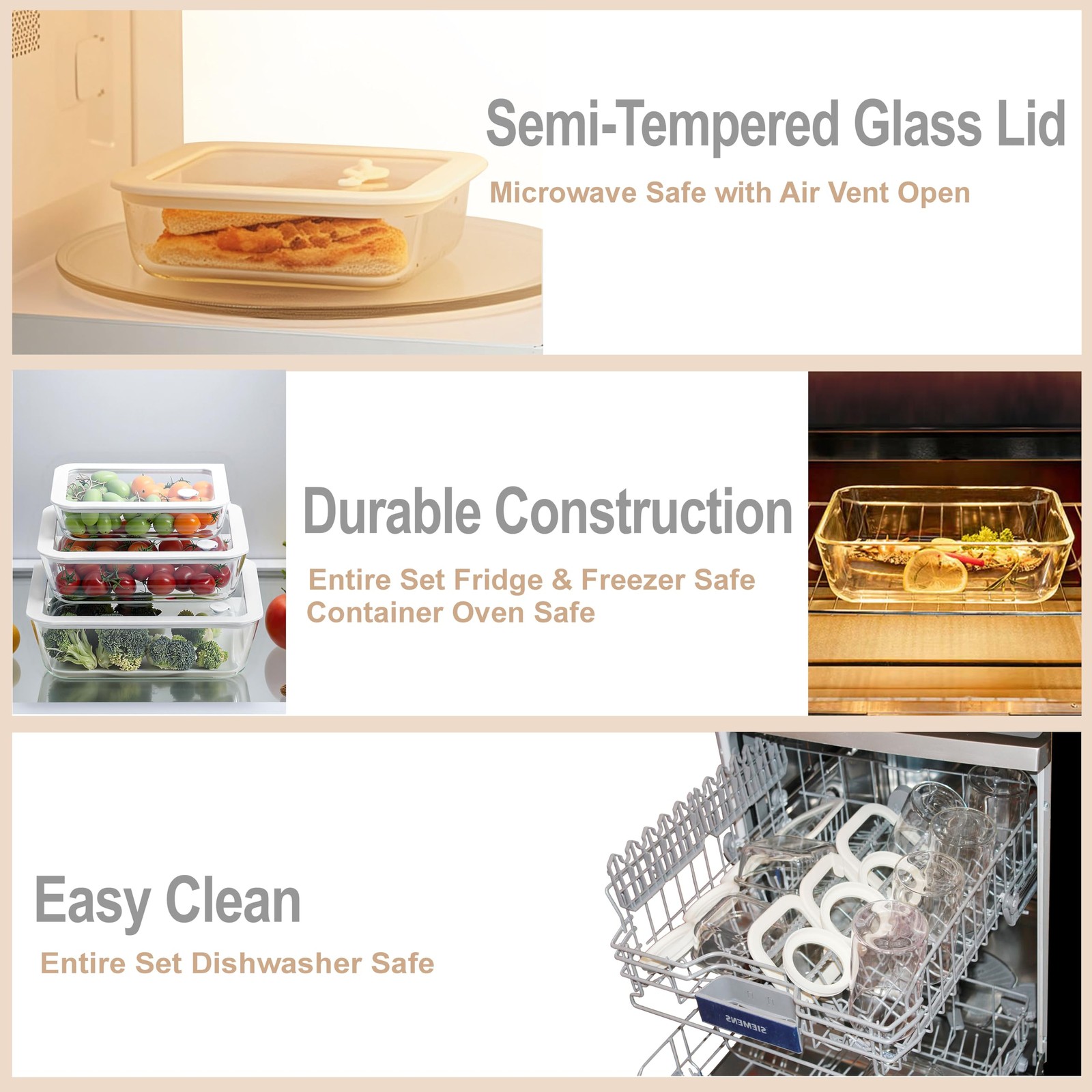 Urban Green Glass Food Container Set with Lid, 4 Pack, White Sand – 4P