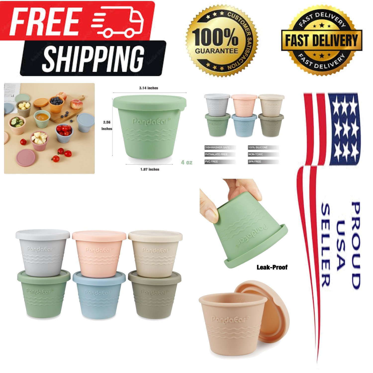 6 Pack Silicone 4 oz -Leakproof & Airtight Reusable Snack Cups with Lids – Fr…