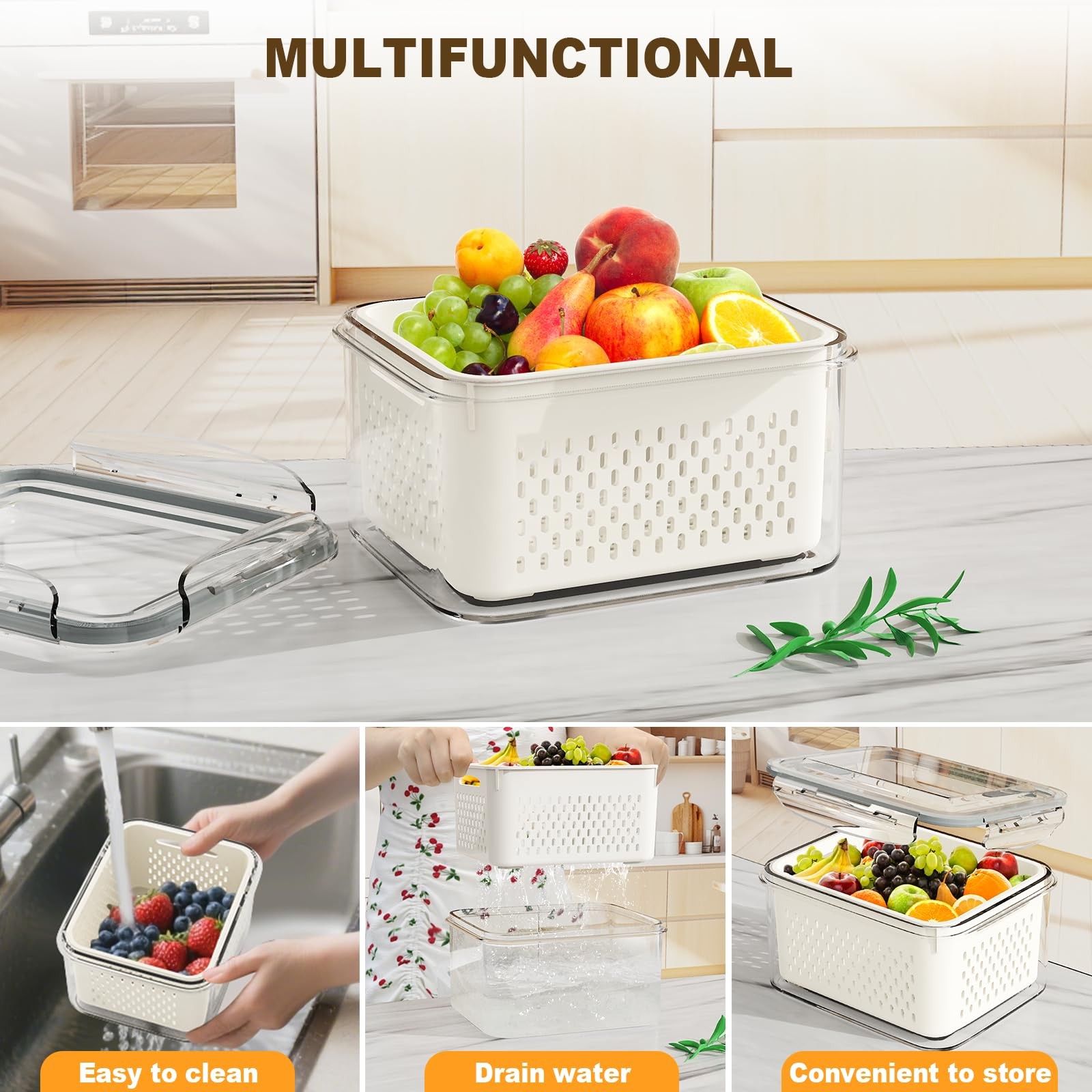 4 Pcs Fruit Storage Containers for Fridge (with Drain Basket) – Leak-Proof Fo…