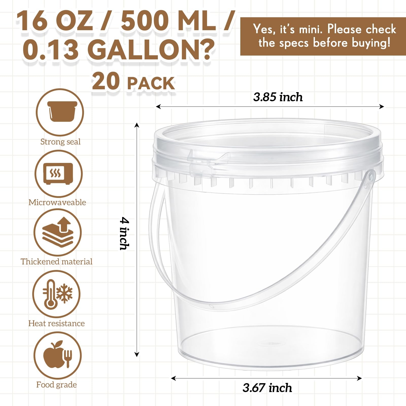 20 Pack 16 oz /500 ml Clear Plastic Bucket with Handle and Lids Food Storage …
