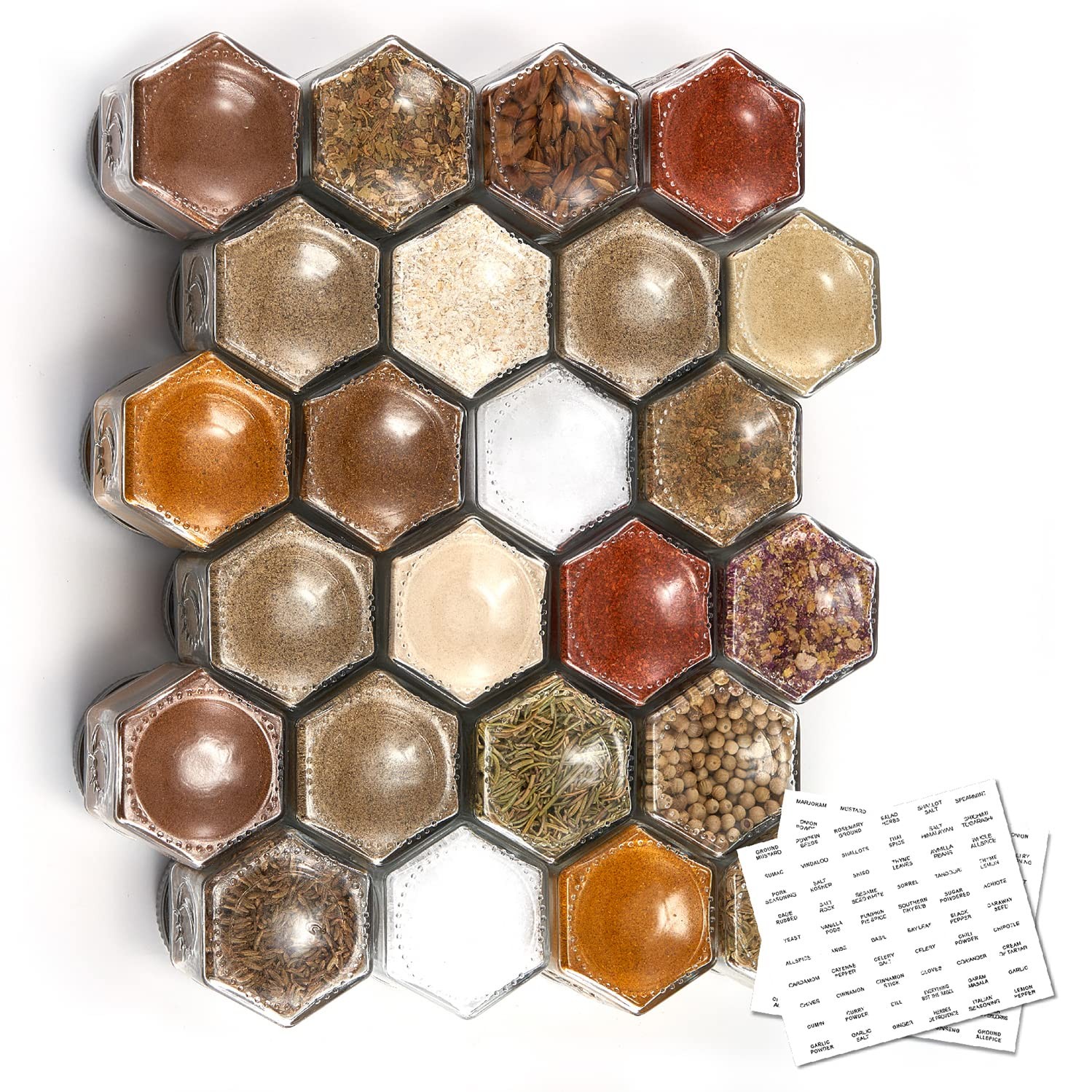 Homazing Set of 24 Hexagon Glass Spice Jars with Shaker Lids and Labels for R…