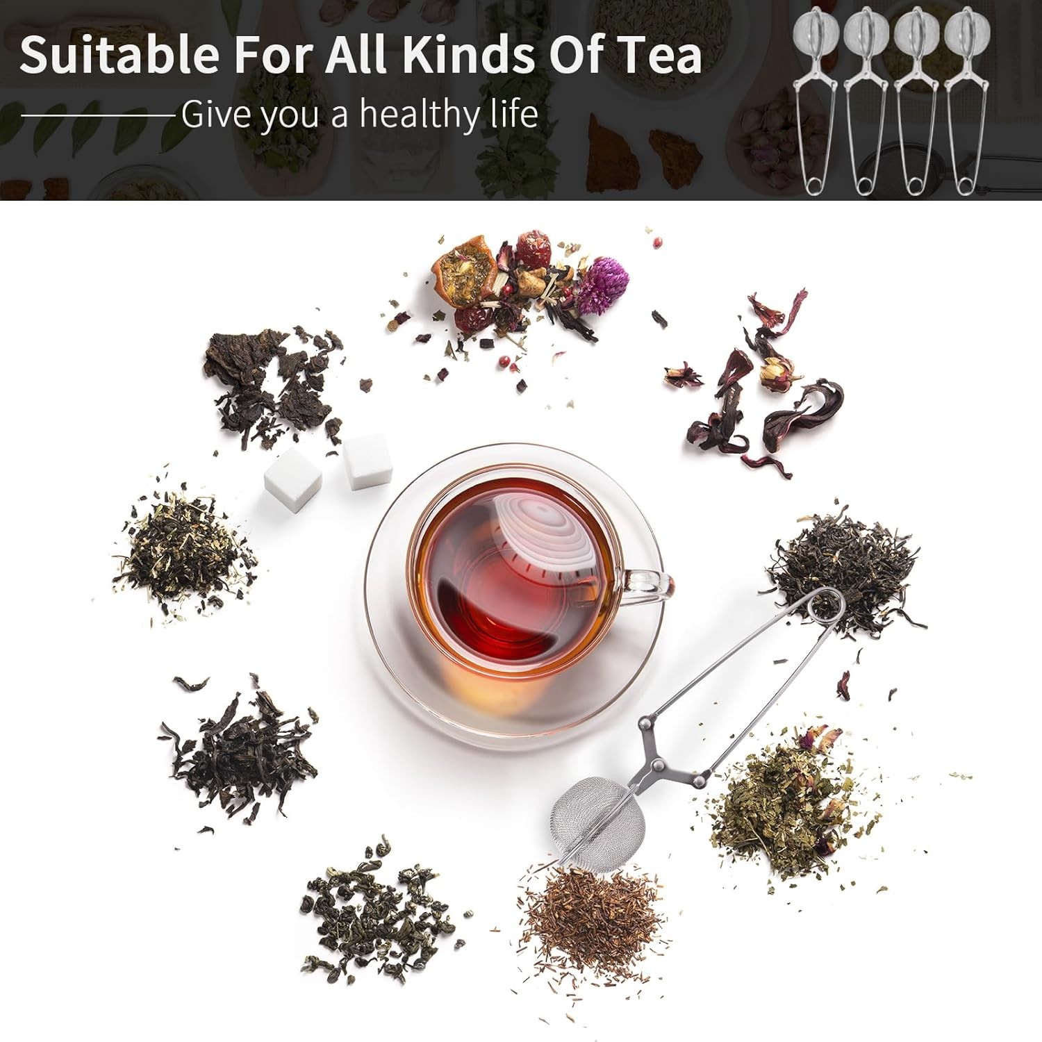 Tea Strainers for Loose Tea, 4 Pack Infuser with Handle Fine Mesh Silver