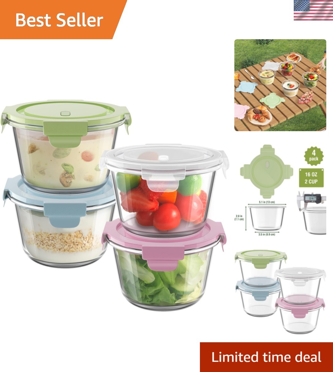 16oz Glass Meal Prep Containers, Airtight 2 Cup Glass Storage Containers with…