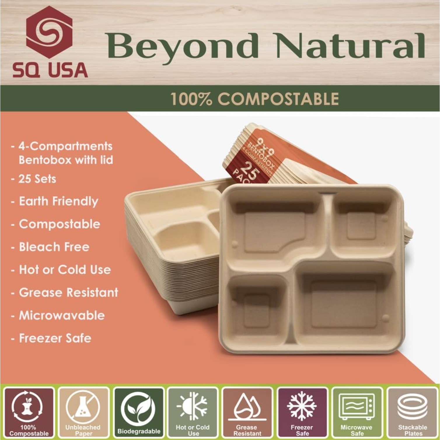 25 Pack 9X9″ 4-Compartment Meal Prep Lunch Bento Boxes with Lids,Made of Bagasse