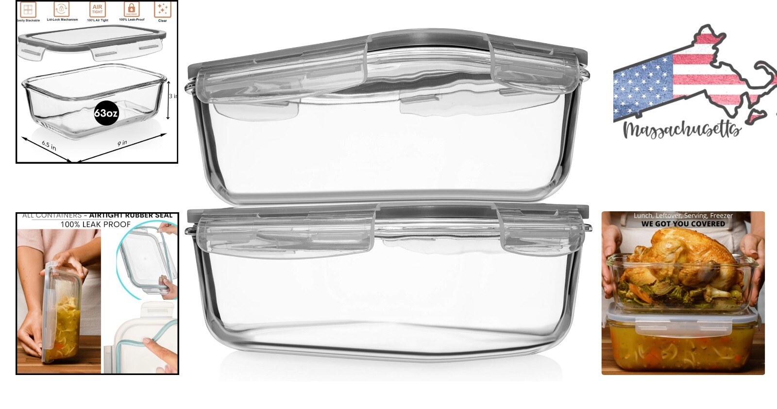 8 Cup Glass Storage Containers with Airtight Locking Lids – BPA Free, Leak Proof