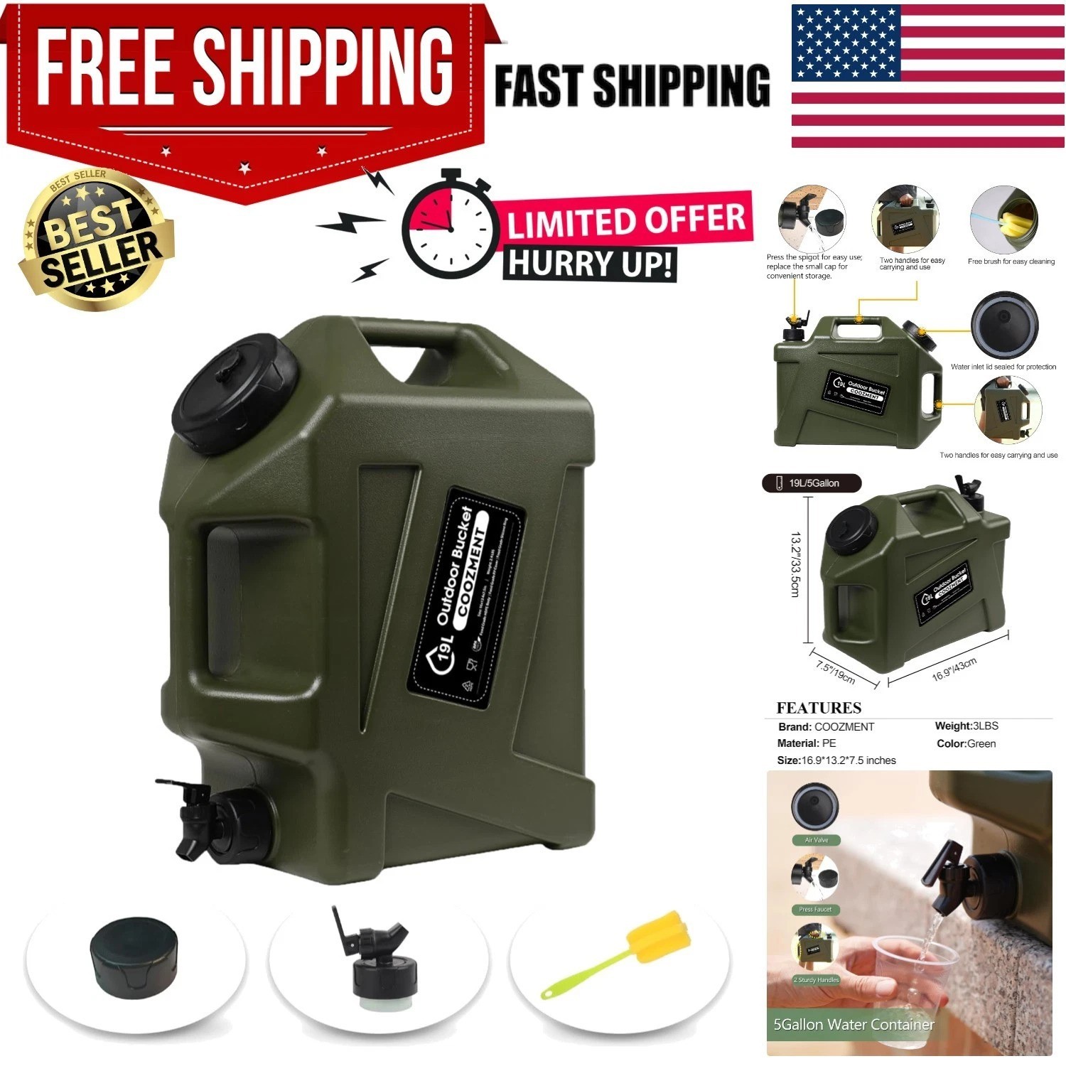 Multifunction 5 Gallon Military Green Water Jug with Spigot for Camping & Hiking