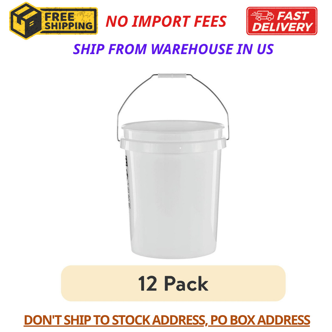 12-Pack 5 Gallon Plastic Pails Heavy Duty White Food Grade Utility Buckets