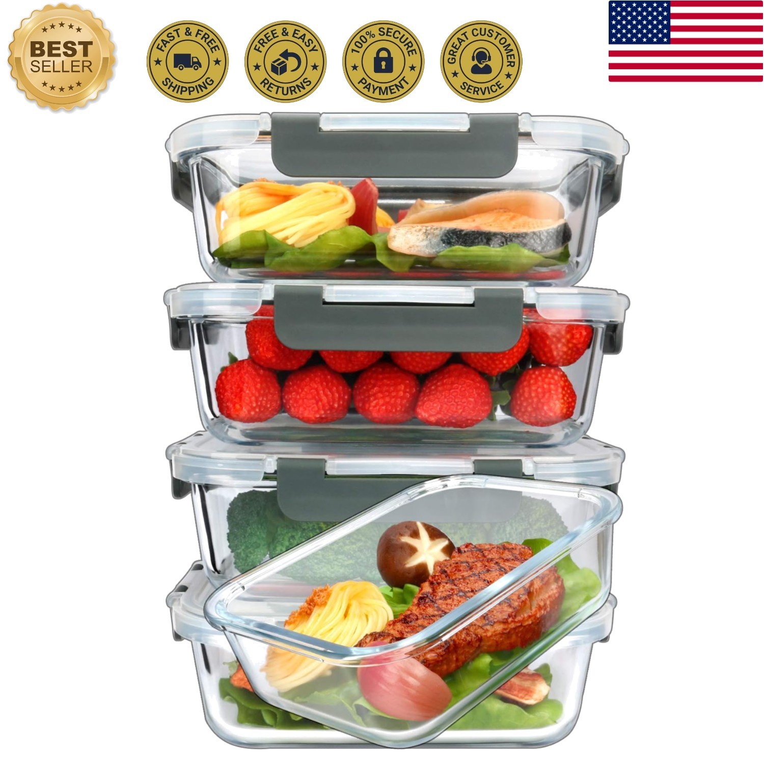 Space-Saving 5-Pack Glass Meal Prep Containers – Microwave Safe & Leak Resistant