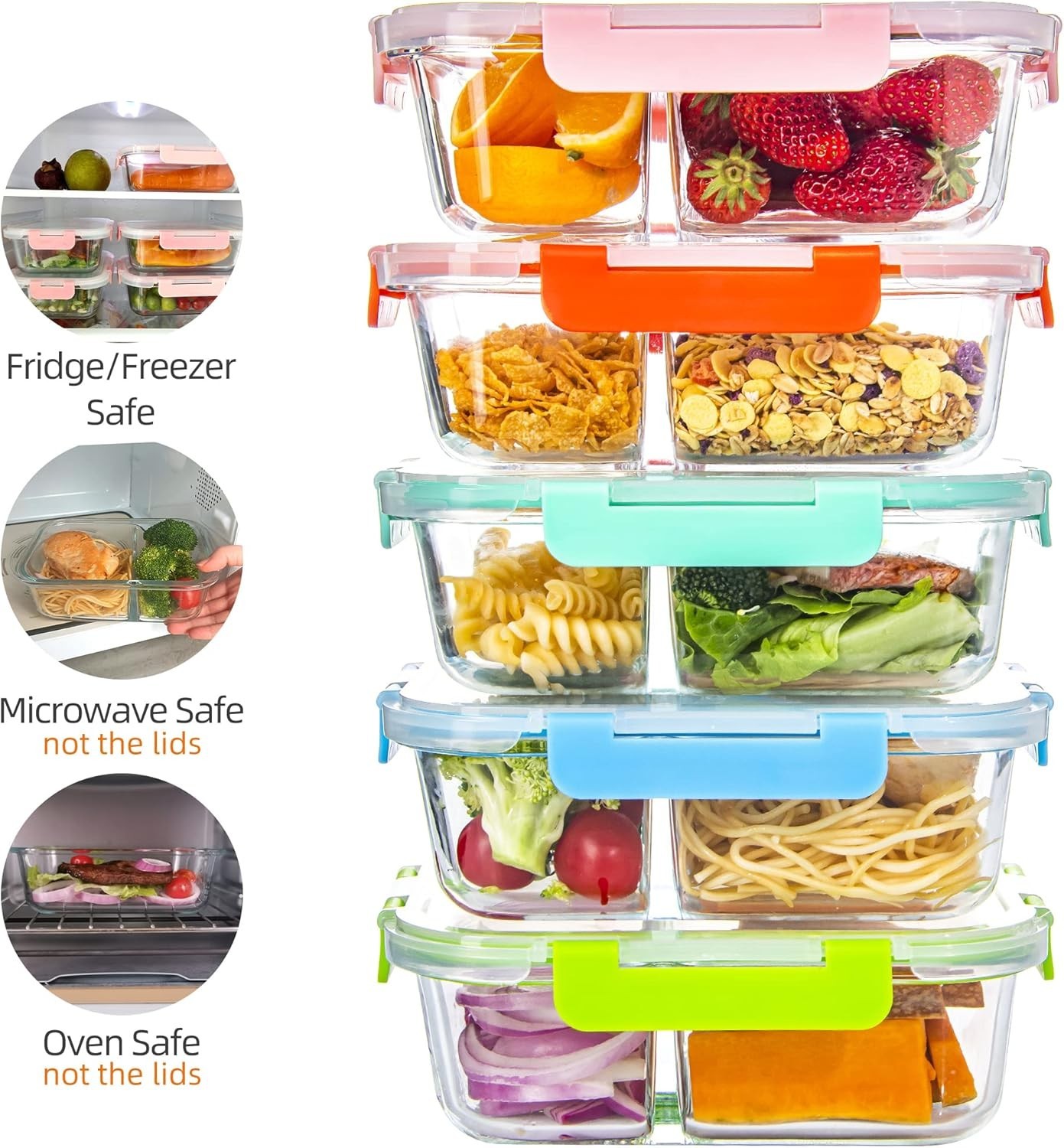 Glass Meal Prep Containers 2 Compartment with Lids (5 Pack, 34oz), Divided Glass