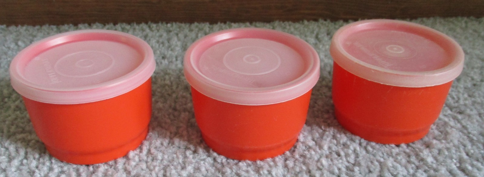 Vintage Tupperware Set of 3-Orange Snack Cups-4 oz. #1229 & Lid Seals #297