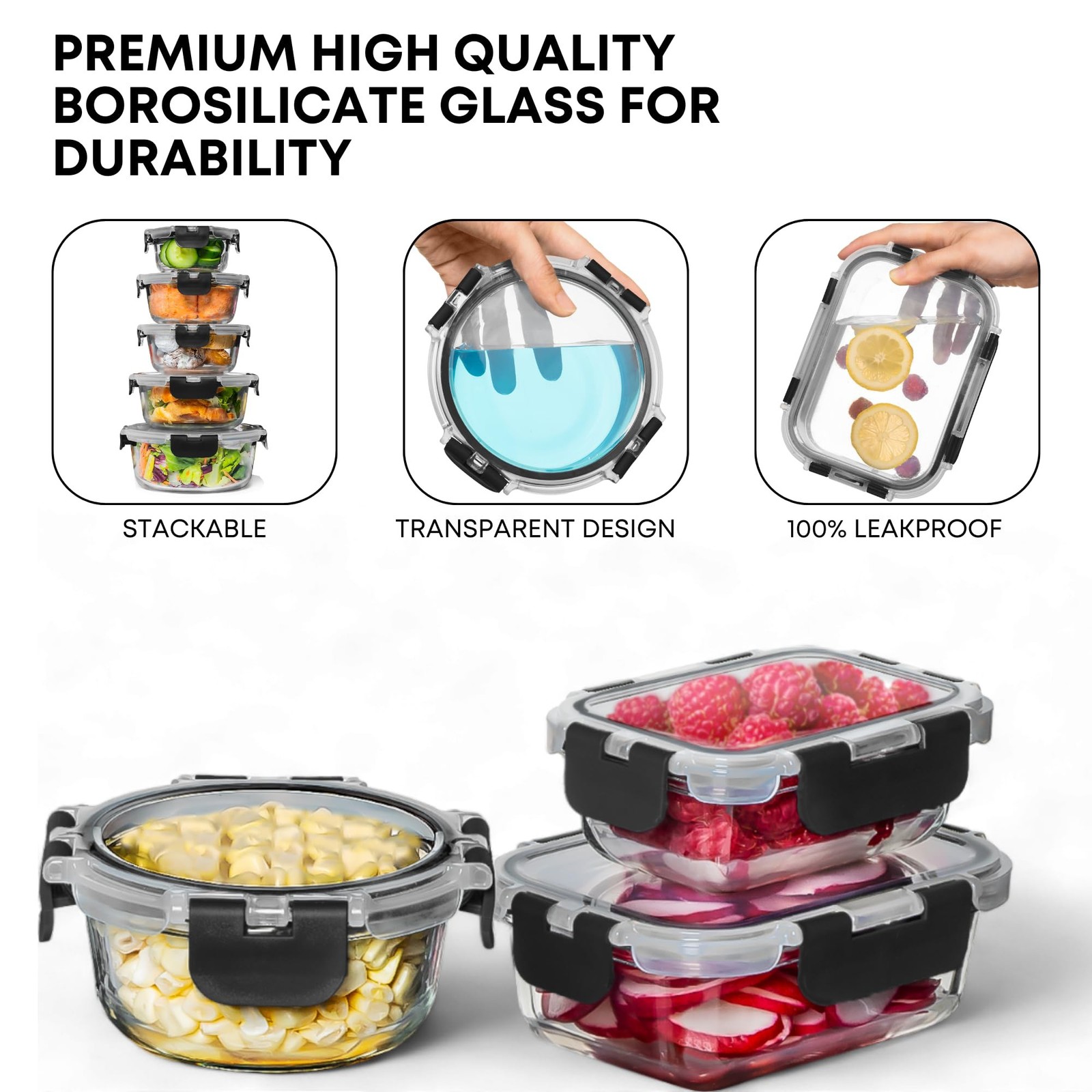 Razab 30-Piece Glass Meal Prep Containers w/ Snap Lock Lids – BPA-Free, Leakp…