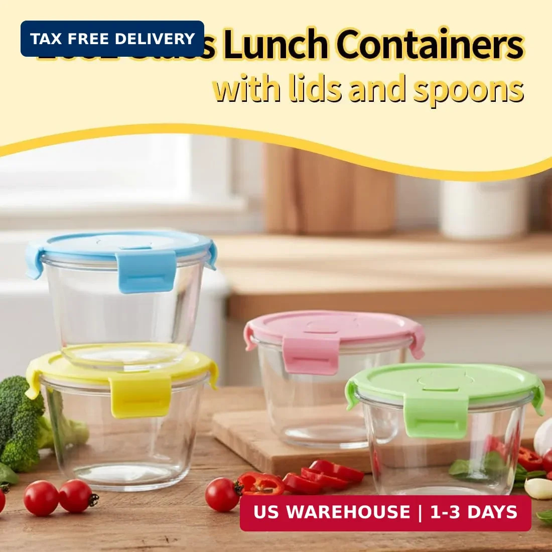 Glass Soup Containers Set of 4 16oz Lids and Spoons Meal Prep Bowls Microwave