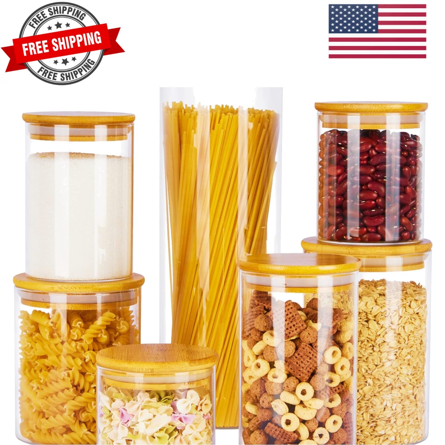 Glass Food Storage Jars, 7 Pack Kitchen Containers with Airtight Bamboo Woode…