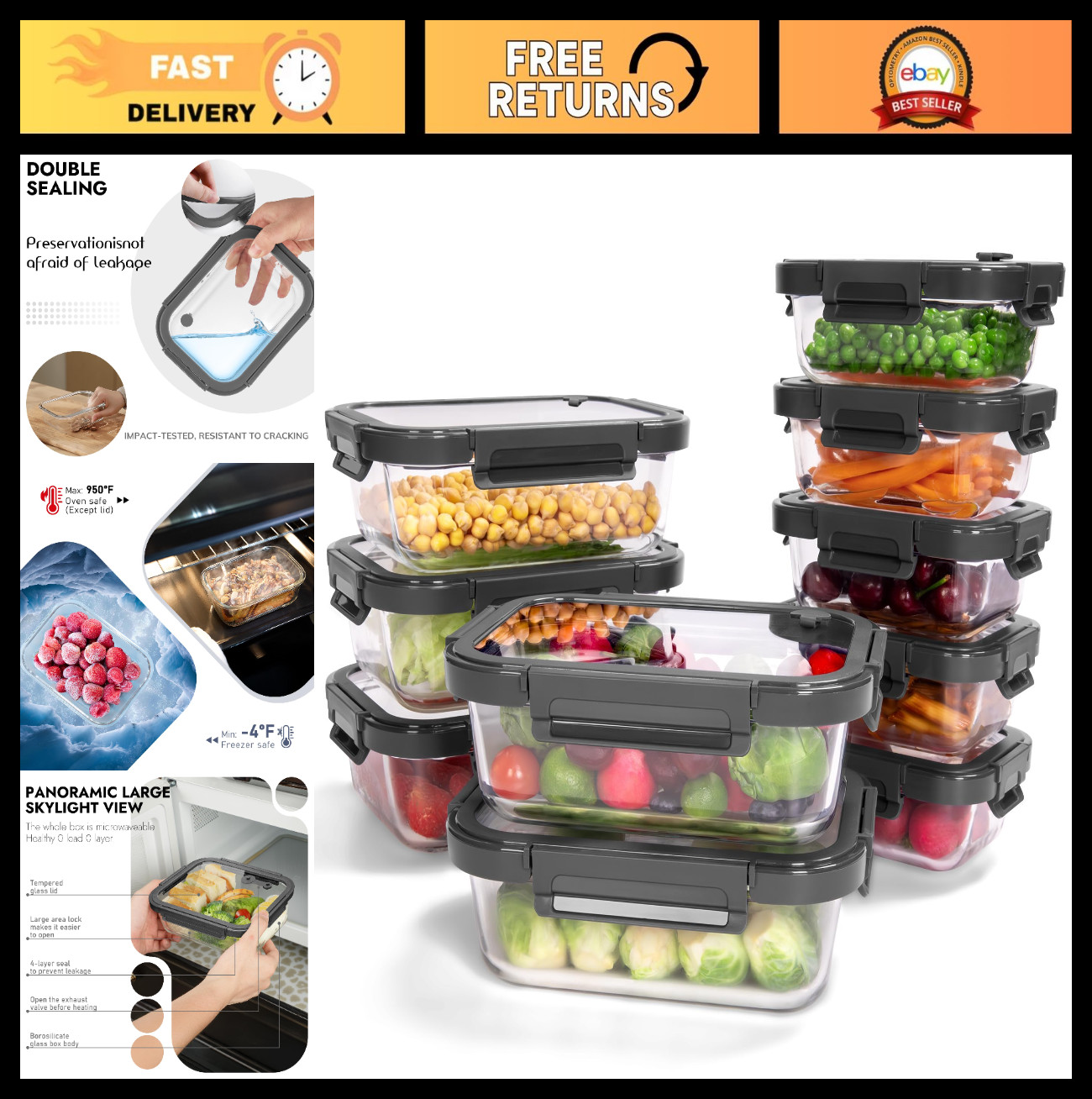 10-Pack Airtight Glass Food Storage Containers, Oven-Safe, BPA-Free, Leak-Proof,