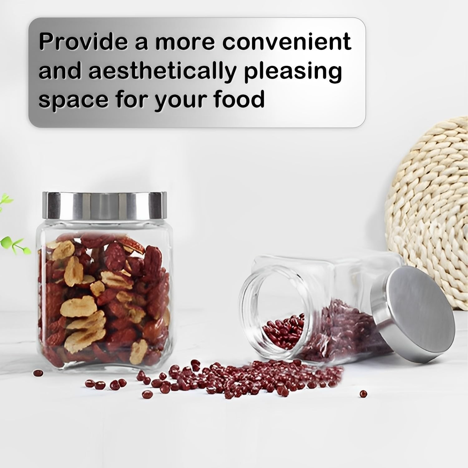 37 oz Square Glass Jars with Lids, 4 Pack Glass Canisters with Metal Lids, Clear