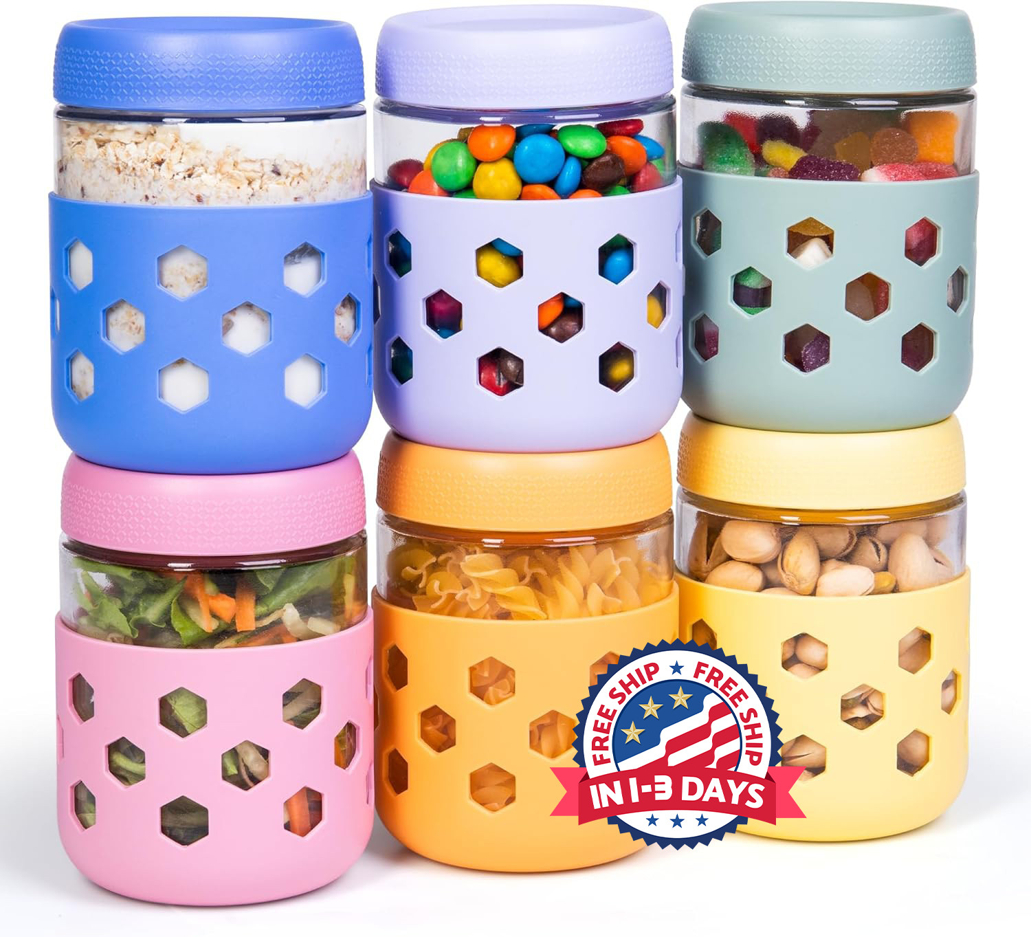 6Pcs frascos de vidrio Mason de 16oz con fundas de silicona herméticos y sin BPA