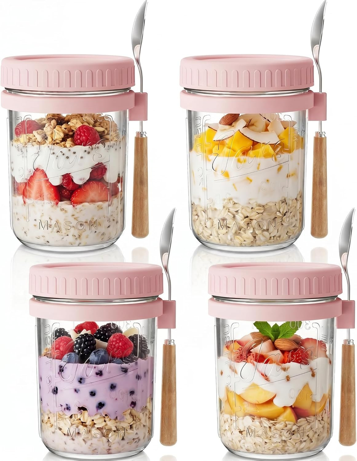 Glass Overnight Oats Containers with Lids and Spoon, 16Oz Wide Mouth Mason Jars