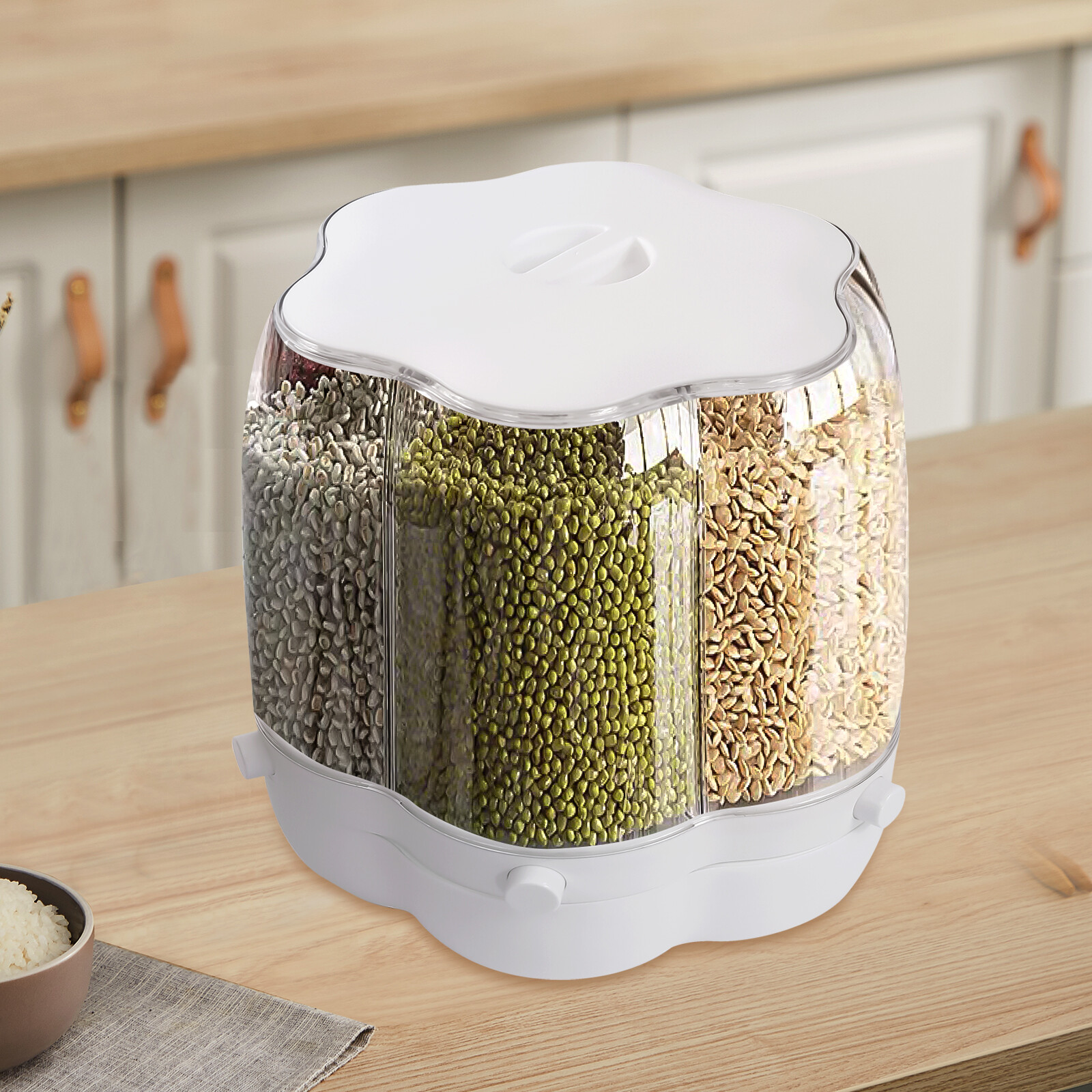 Rotating Food Dispenser Rice Grains Container 6-Grid Flour Storage Bucket w/lid