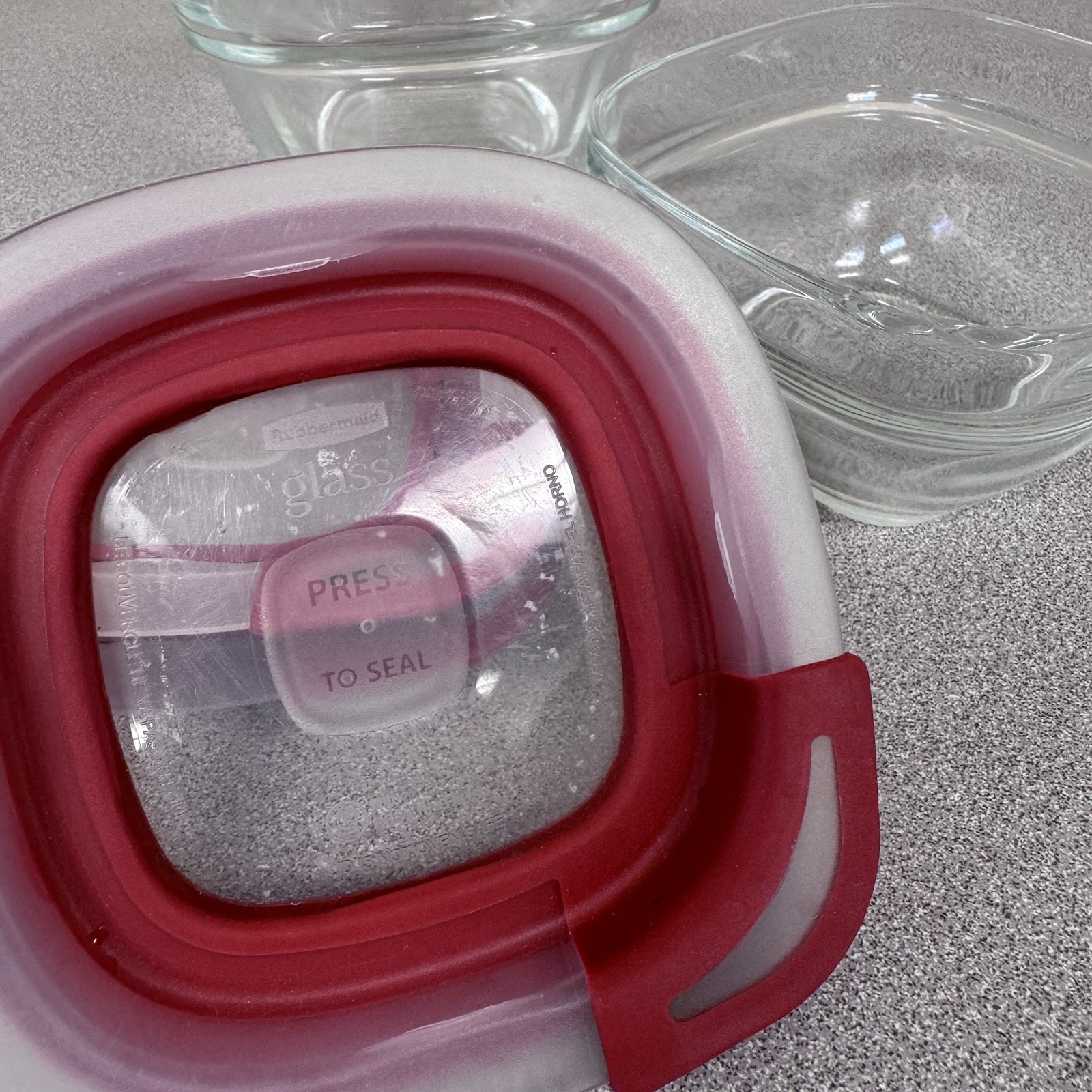 3 Rubbermaid 1.5 Cup 7N61 Glass Food Storage Container USA Red Press To Seal Lid