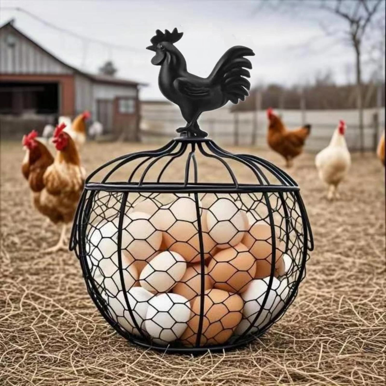 Cesta de alambre para huevos para recoger huevos frescos con asa. Soporte huevos