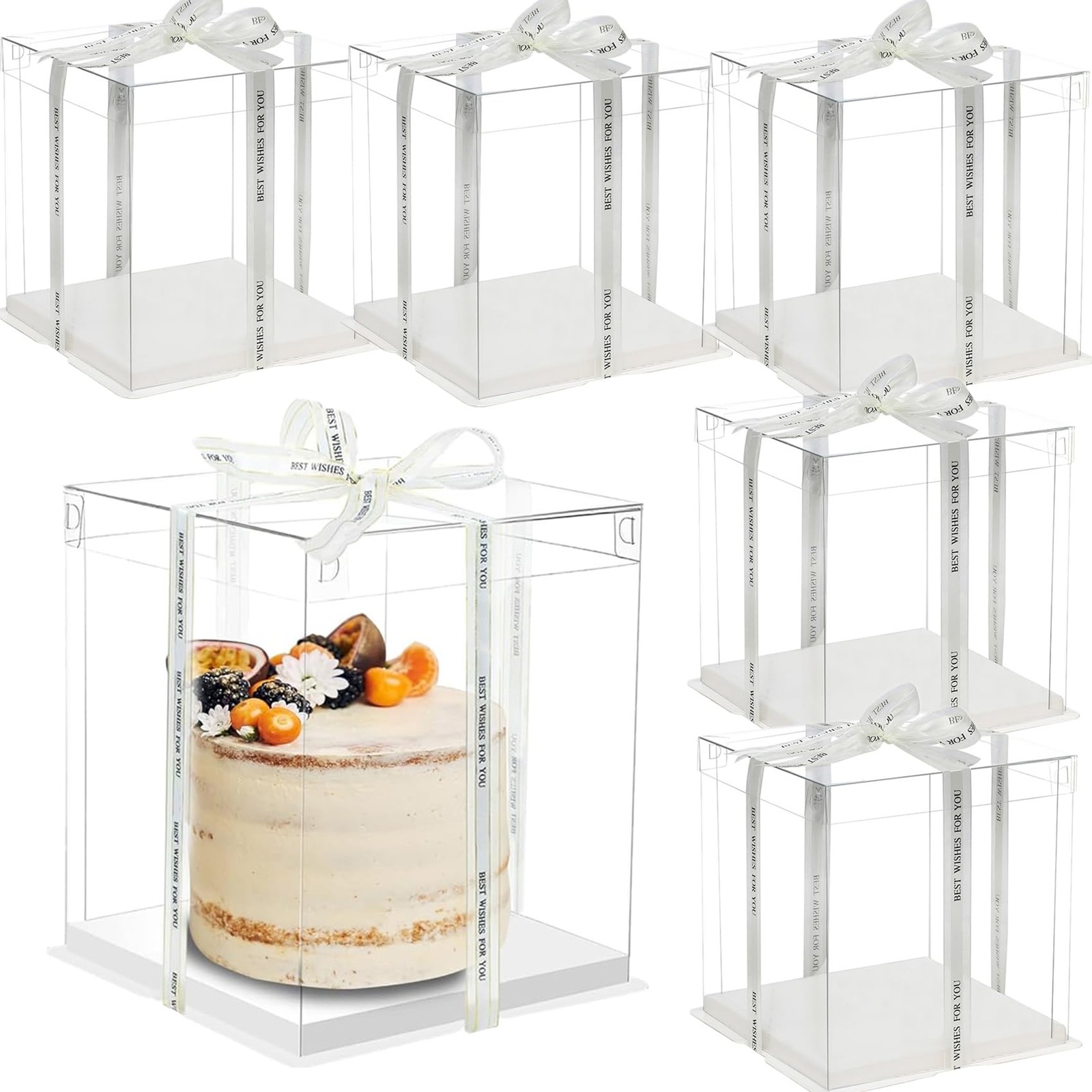 6 Pack Clear Cake Box Transparent 2 Tiered 8x8x9 Inch Tall Carrier Board