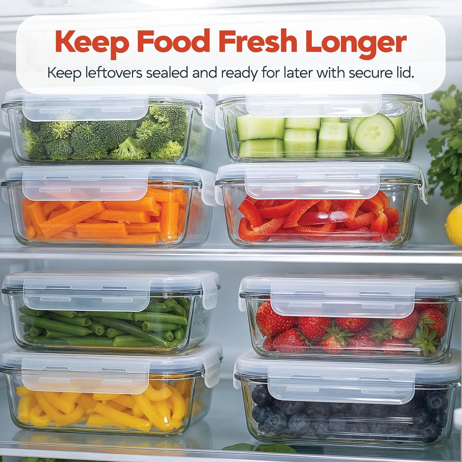 Set of 2 Airtight Glass Meal Prep Containers, 1.59QT, BPA Free, Safe for All Use