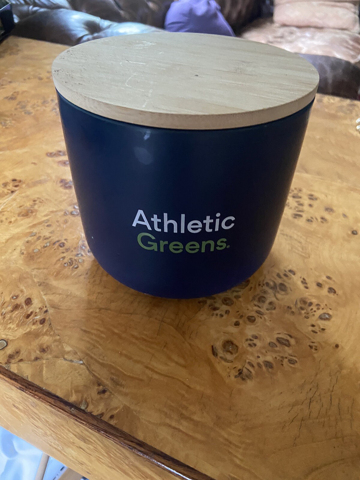 Athletic Greens Ceramic Blue Kitchen Storage Container Bamboo Lid 5”