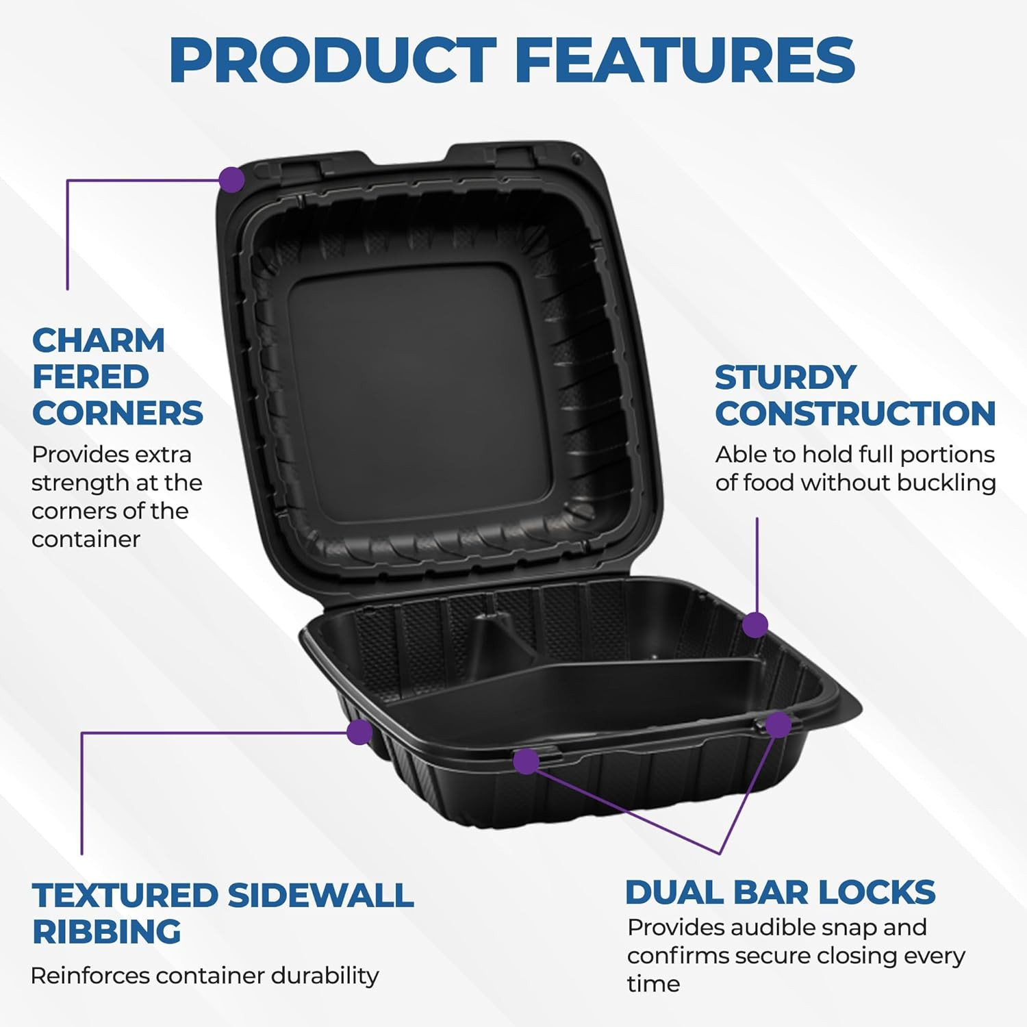 8″ X 8″ 3-Compartment to Go Food Take Out Containers Boxes with Lids | 50 Pack M