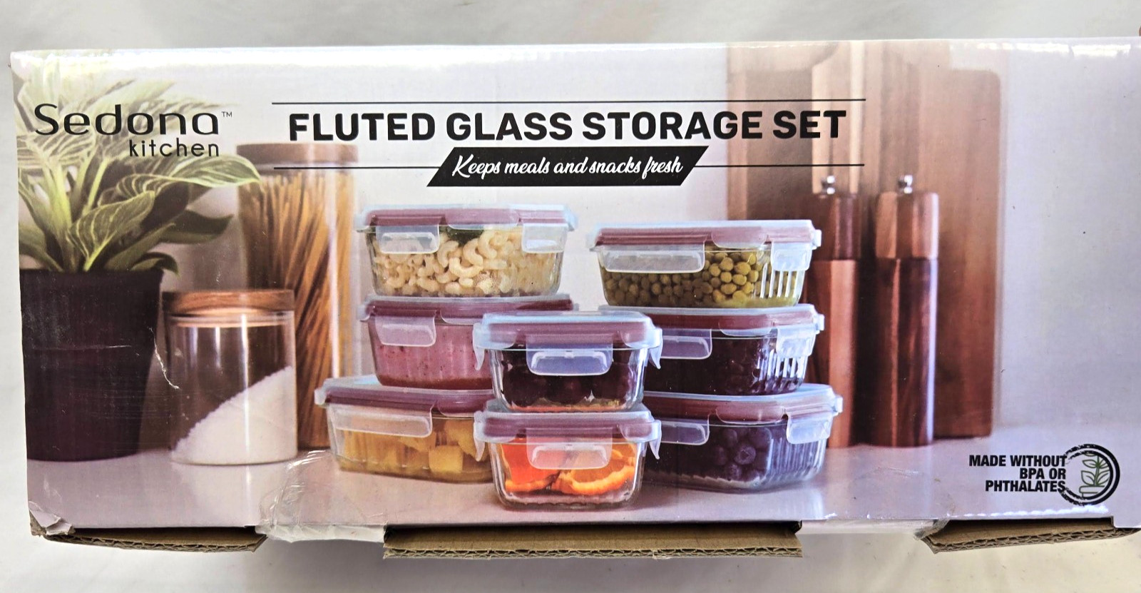 Sedona Kitchen 16 Piece Fluted Glass Storage Set Oven Safe 8 Bowls / 8 Red Lids