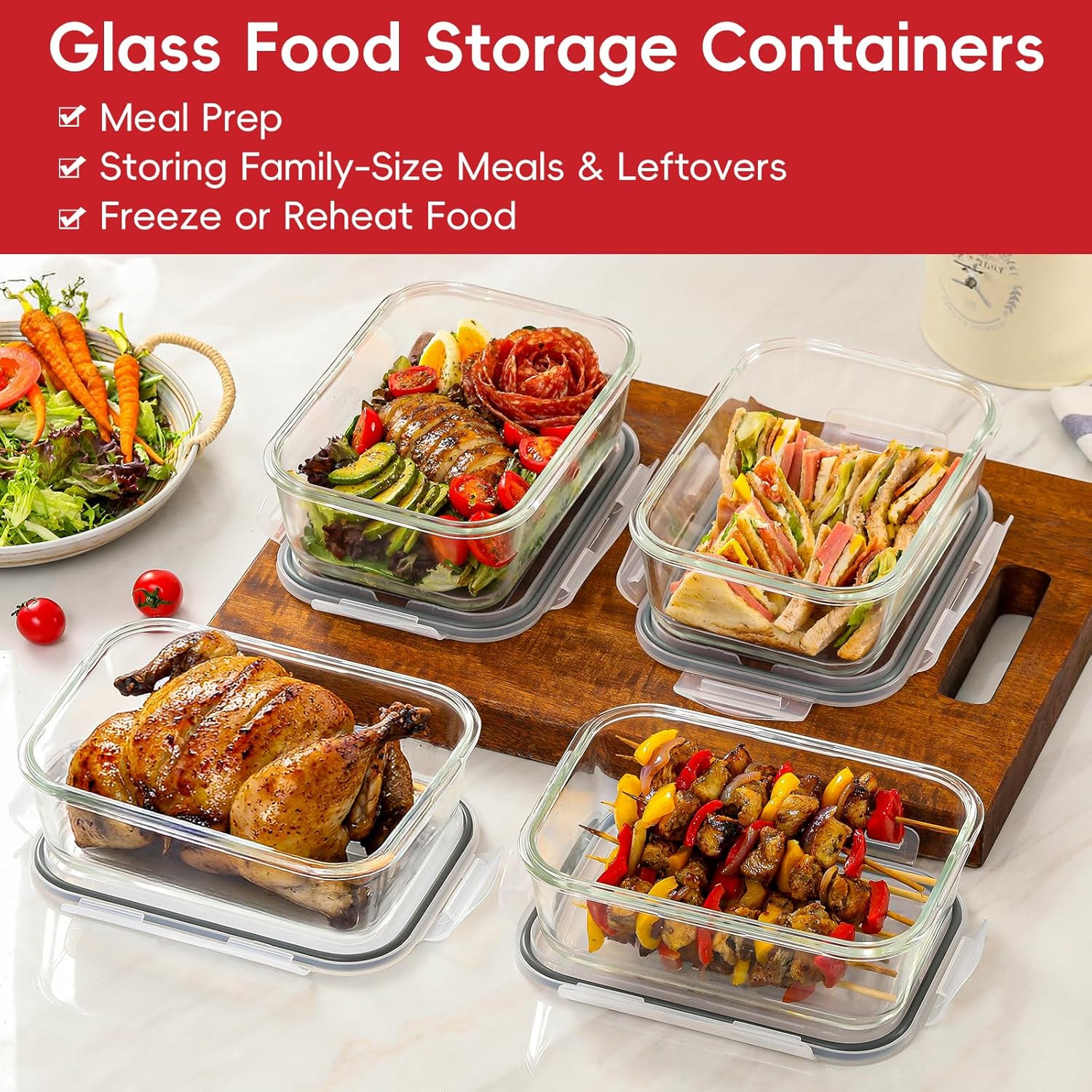 Large 8-Cup Glass Storage Containers with Lids – 4 Pack, Leak Proof & Oven Safe