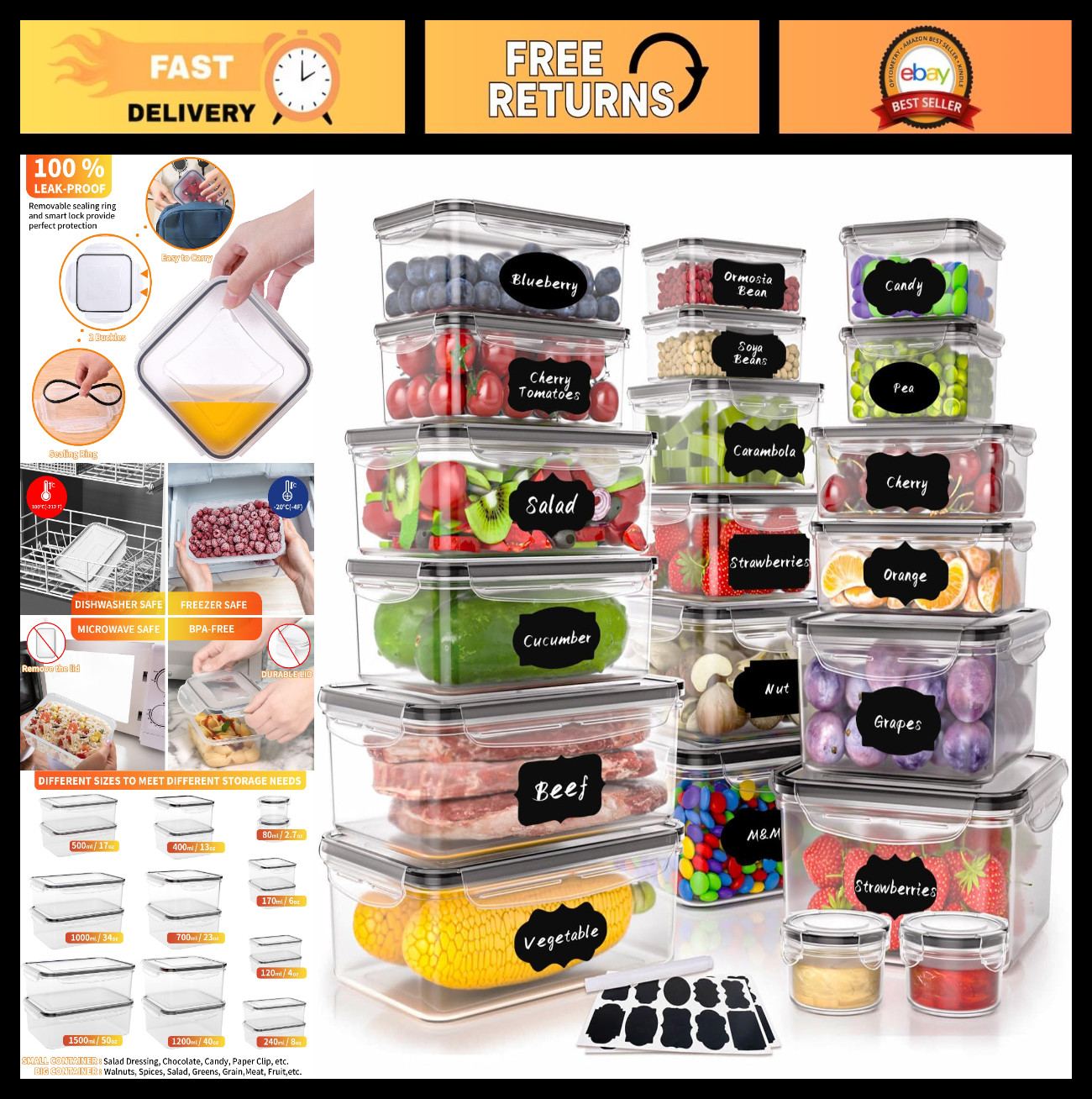 40 PCS Airtight Plastic Food Storage Containers, BPA-Free, Leakproof Meal Prep,
