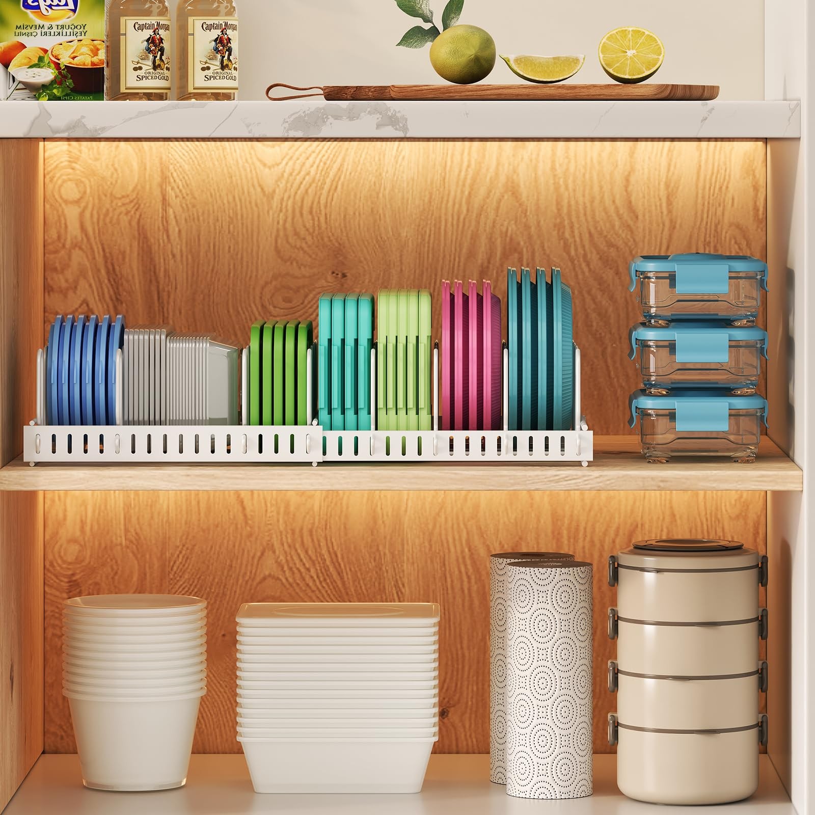 Expandable Food Container Lid Organizer,Large Capacity Adjustable 10 Dividers…