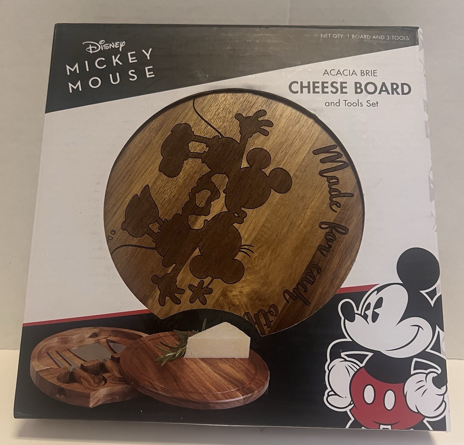 Disney Mickey Minnie Mouse Acacia Wood Cheese Board & Tool Set Picnic Time NEW