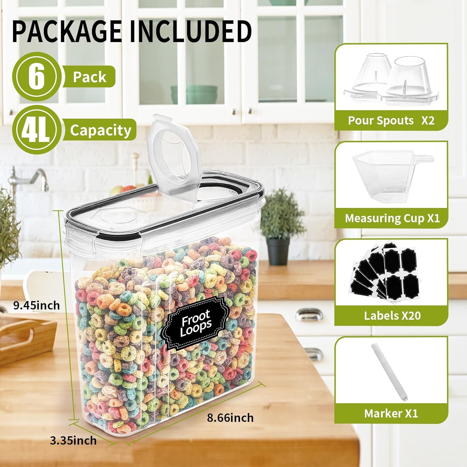 4L Airtight Food Storage Container w/ Lid Plastic Cereal Dispensers Kitchen 6PC