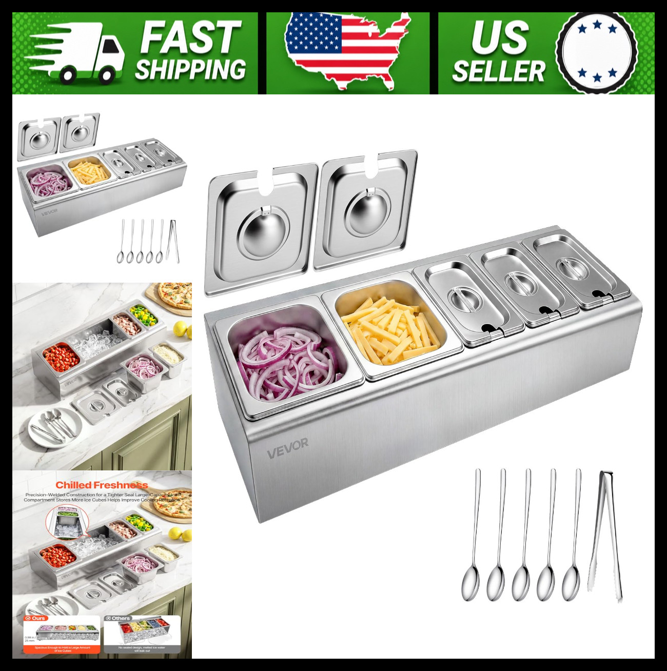 VEVOR Stainless Steel Salad Server Tray Buffet Condiment Dispenser