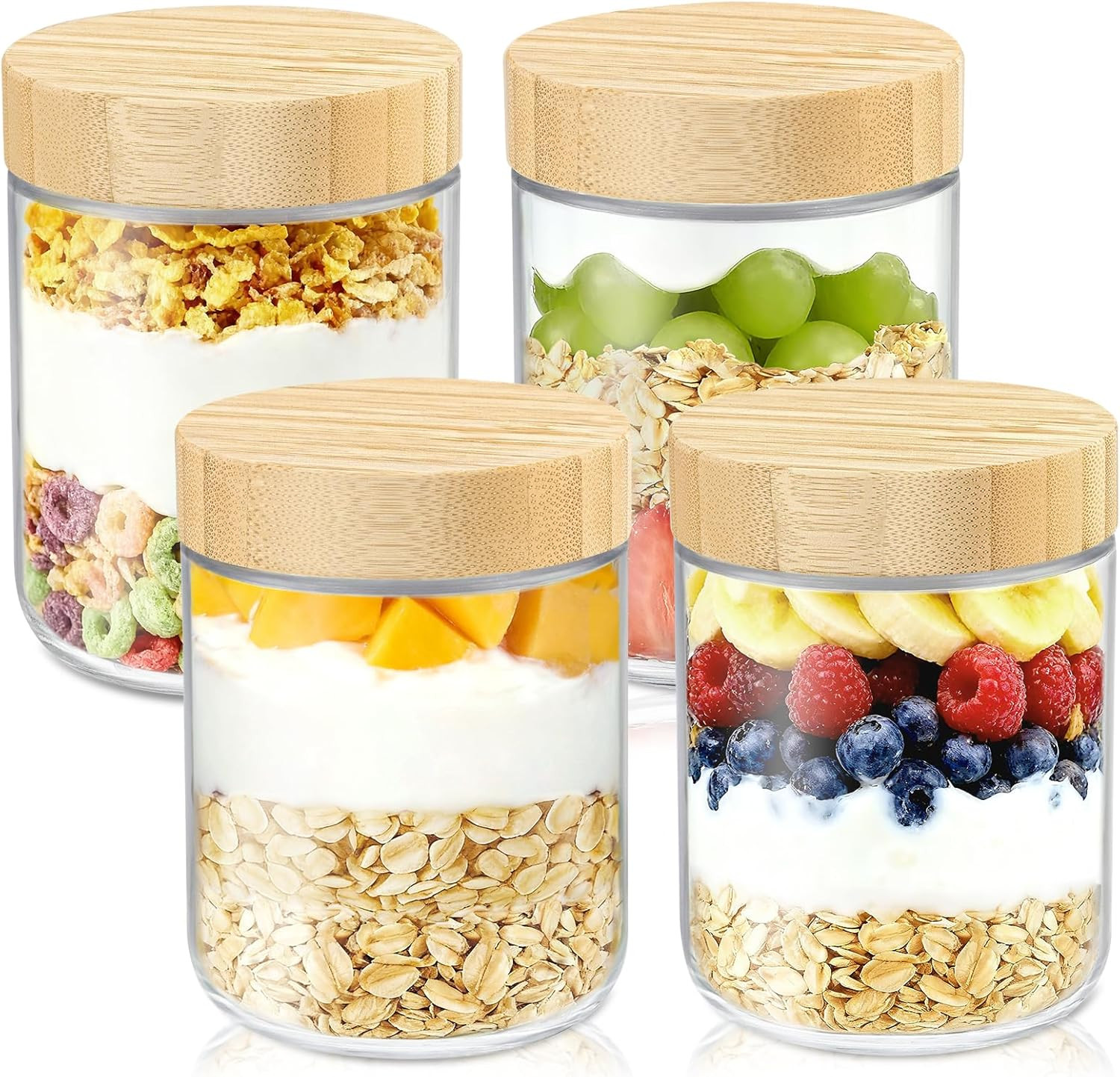 16 Oz Overnight Oats Containers with Bamboo Lids – 4 Pack Glass Storage Jars