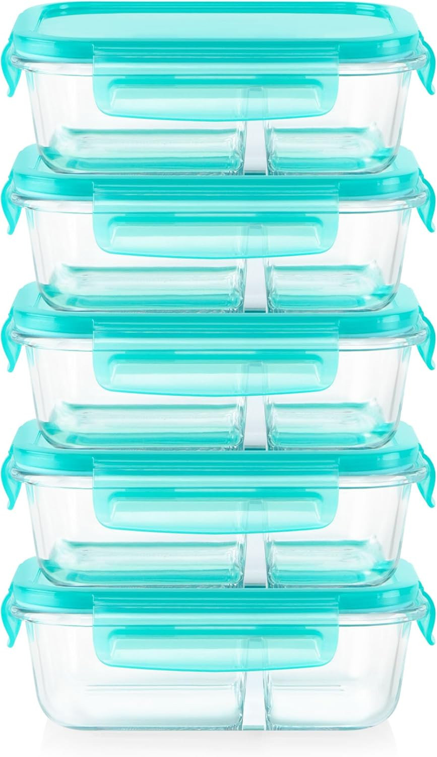 Glass Mealbox (5-Pack, 4 Cup) Divided Compartments with Locking Lids, for Meal P