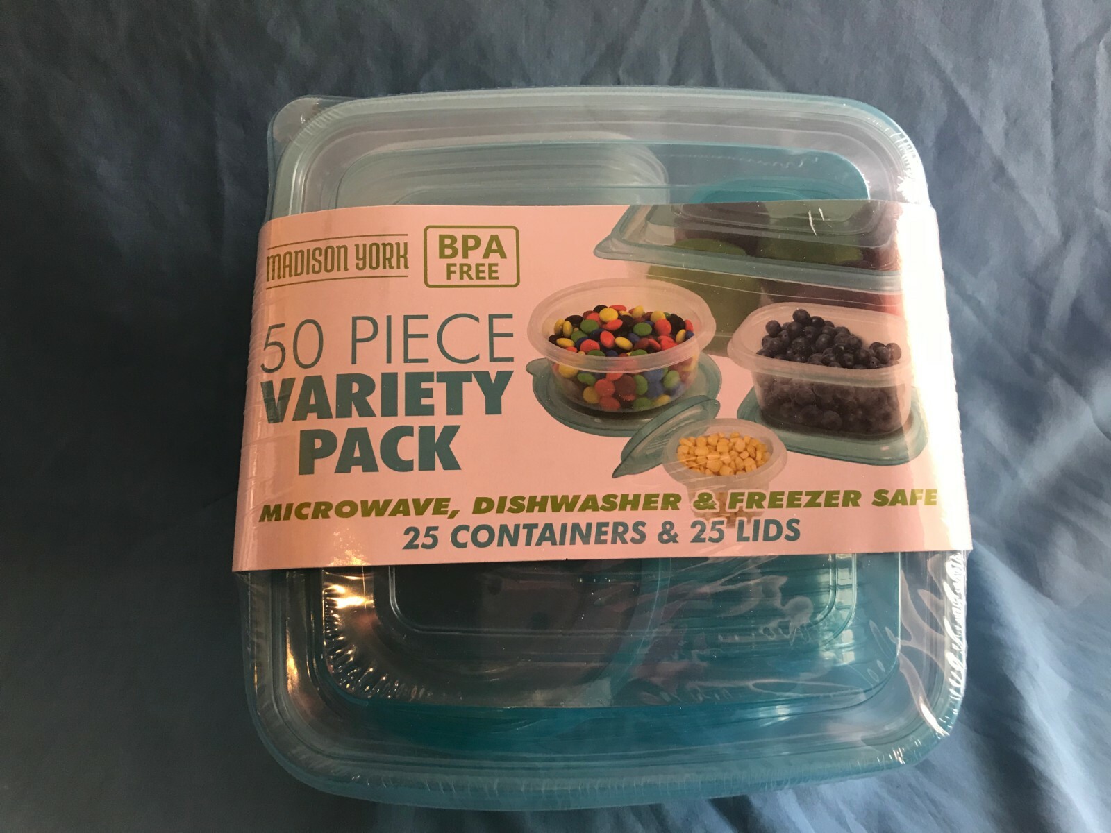 New Madison York 50 Piece Food Storage Variety Pack Plastic Containers Blue Lids