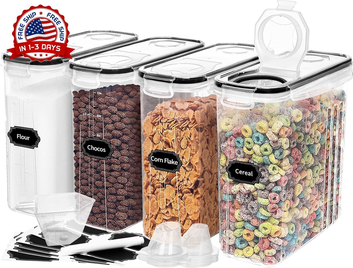 4 contenedores herméticos para cereales (4 l/135,2 oz) con pico vertedor NEW US