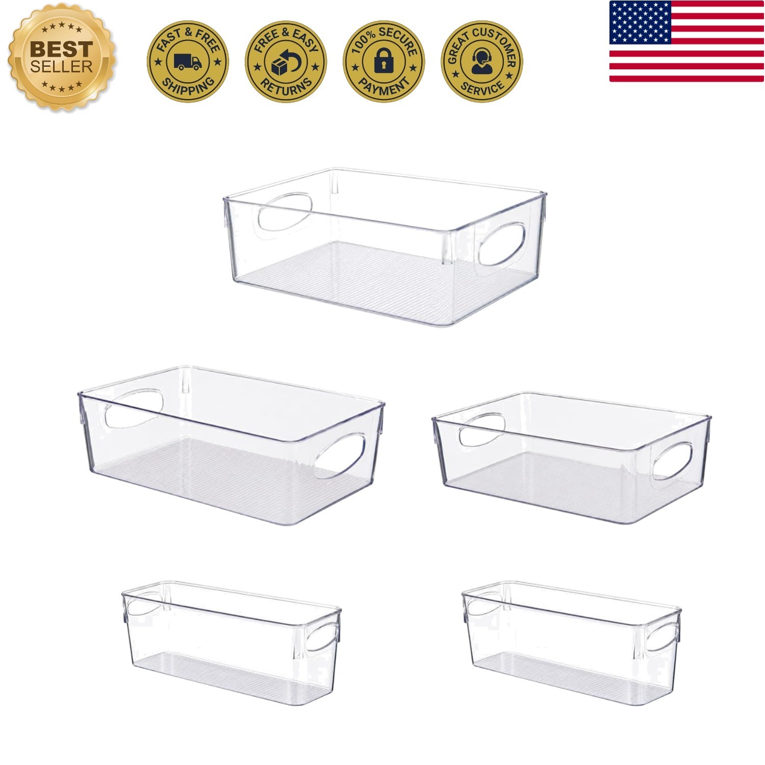 5 Pack Clear Plastic Pantry Organizers and Storage, Stackable Storage Bins wi…