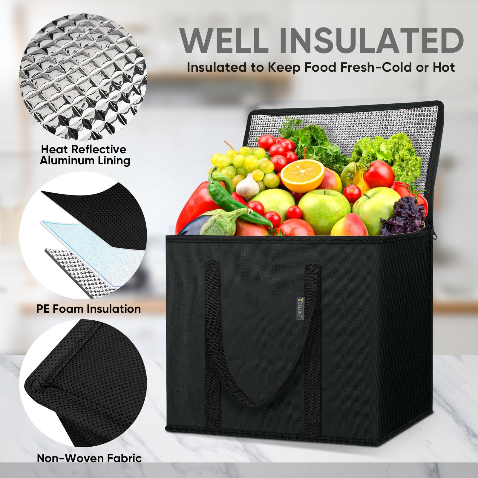 Baleine 2Pk Insulated Reusable Grocery Bags Collapsible Cooler Bag For