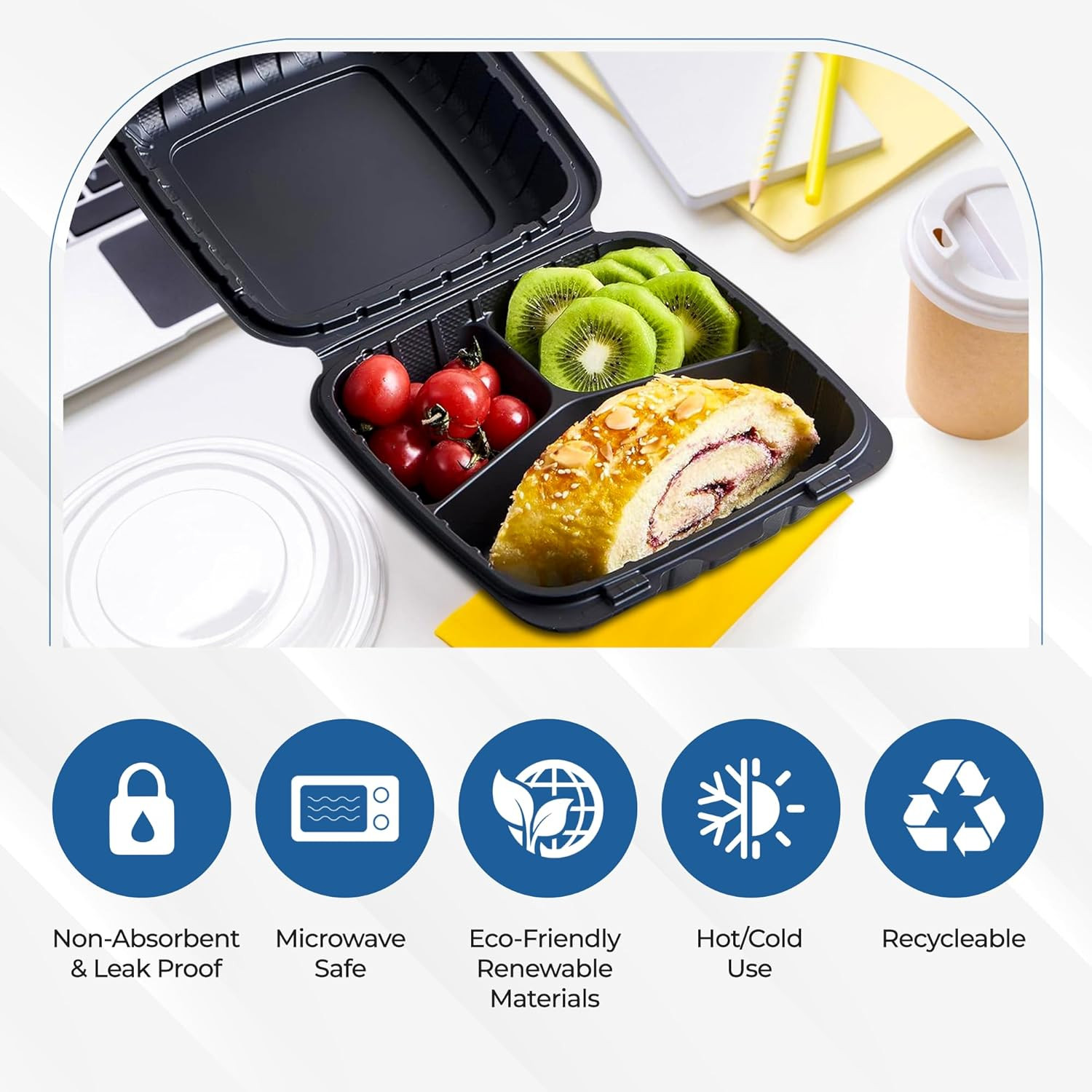8″ X 8″ 3-Compartment to Go Food Take Out Containers Boxes with Lids | 50 Pack M